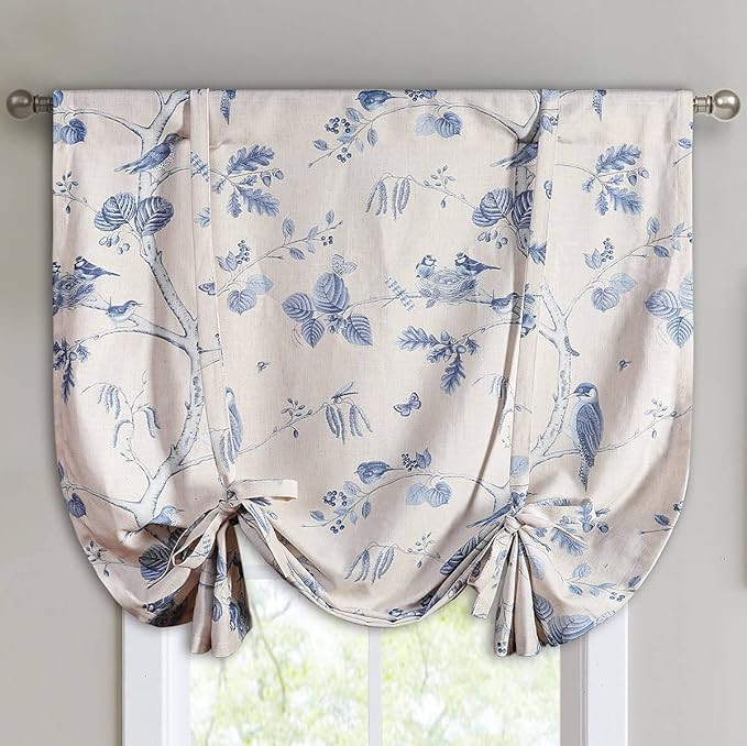 VOGOL Blue Birds Printed Tie Up Curtains for Small Window, Adjustable Vintage Rod Pocket Balloon ... | Amazon (US)