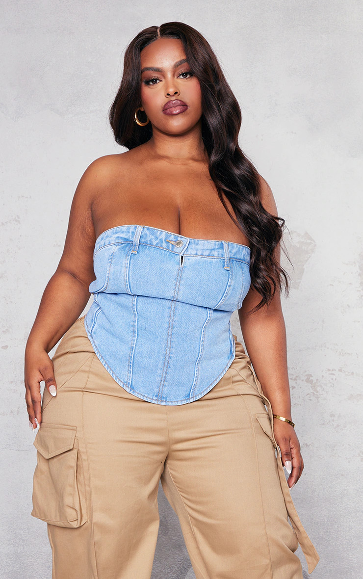 Plus Mid Blue Wash Jean Waistband Detail Denim Corset Top | PrettyLittleThing US