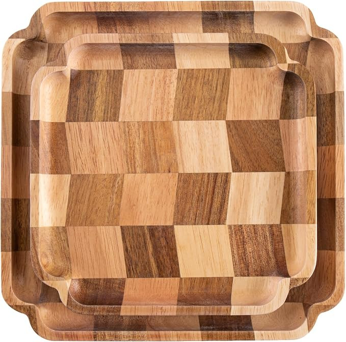 Wood Serving Tray, Set of 2 Square Serving Platter, Checkerboard Serving Tray Coffee Table Tray D... | Amazon (UK)