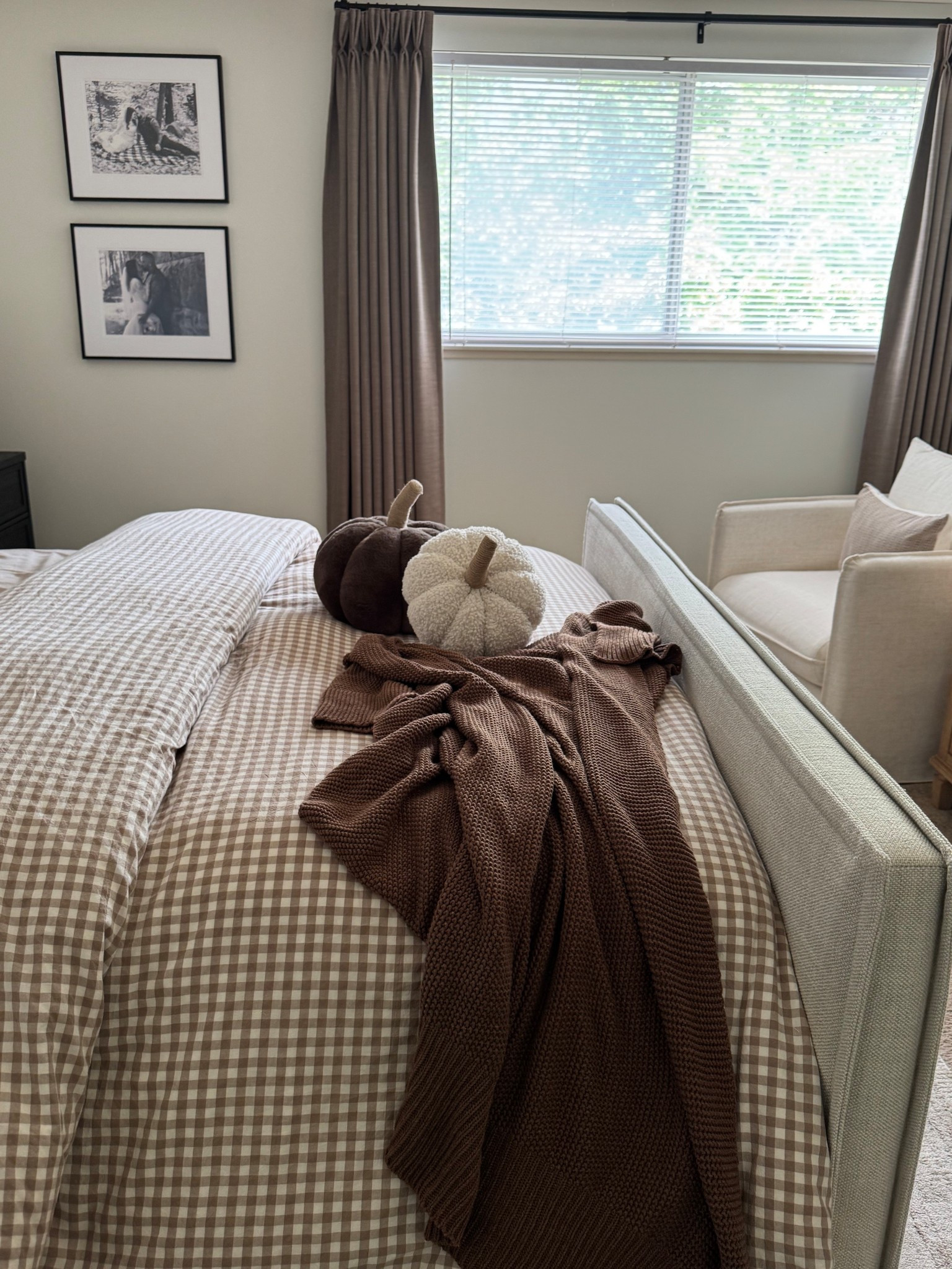 Fall bedding, fall bedroom, gingham bedding, gingham duvet, sosybao, Amazon bedding, pumpkin pillows, sawyer bed, wayfair bed, upholstered bed, brown knit throw blanket, Walmart, Target, cream chair, brown curtains 

#LTKHome #LTKSaleAlert #LTKFallSale