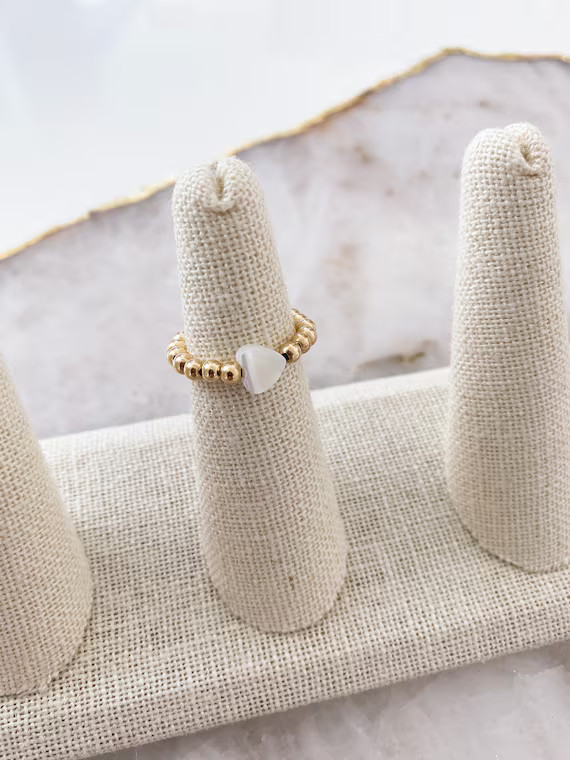 14k Gold Filled Beaded Ring | Mother of Pearl Heart Bead | Stretchy Gold Ring | Gold Ball Bead Ri... | Etsy (US)
