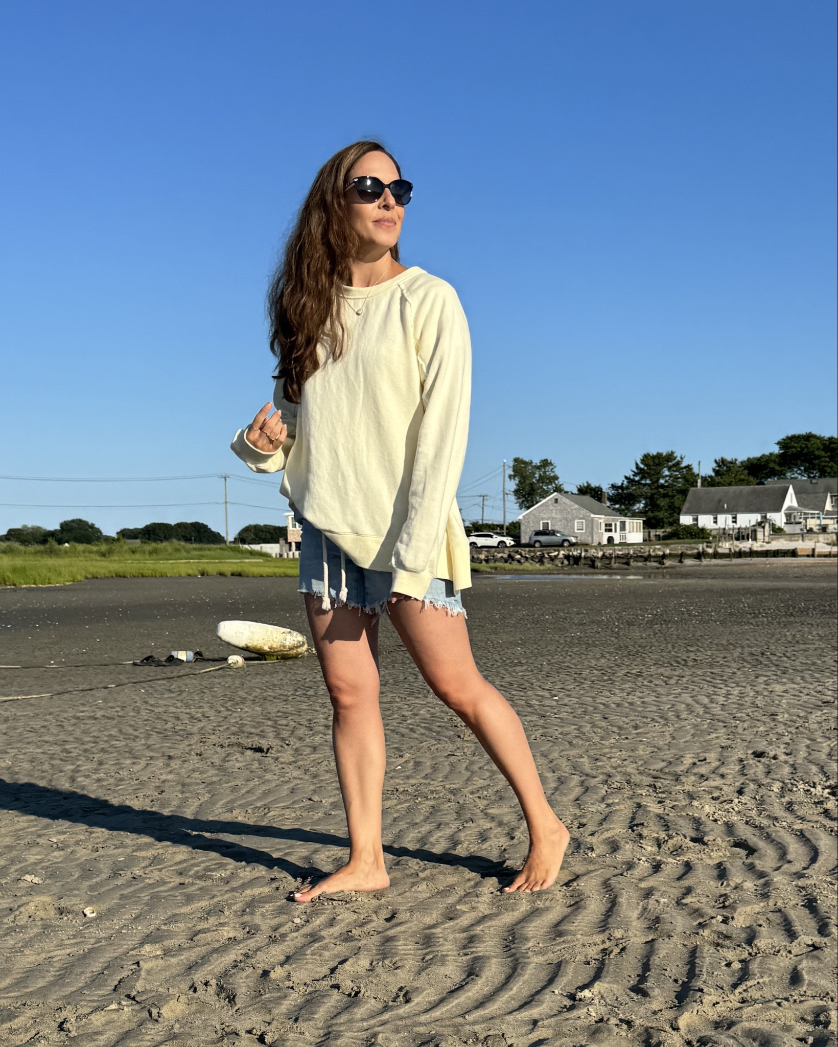 This butter yellow oversized crew neck summer sweatshirt is so soft and cozy and the color is the color of the summer! I love I for beach walks at sunset time when there’s a little breeze, like the low tide walk (it’s tradition in our family as we live in the shoreline of CT!) we took last night 💛 it’s still available in a couple colors and I linked other butter yellow options too! It’s bump friendly too! It was on sale recently so this exact one flew in this color but they will restock I’m sure 

#LTKSeasonal #LTKSaleAlert #LTKStyleTip