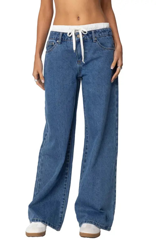 EDIKTED Drawstring Boxer Detail Nonstretch Wide Leg Jeans in Blue at Nordstrom, Size Medium | Nordstrom