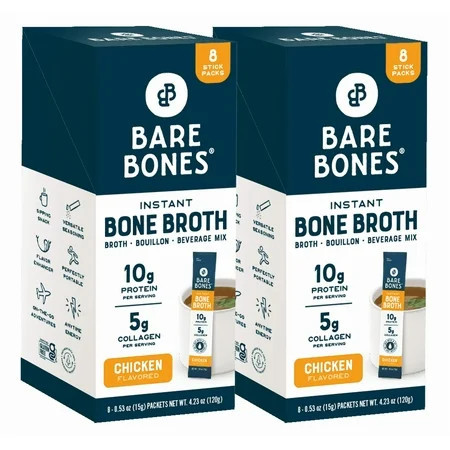 Bare Bones Instant Chicken Bone Broth Sticks, 10G Protein, 4.23 oz, 2-pack of 8 | Walmart (US)