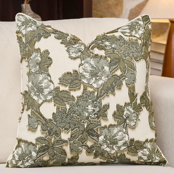 Vintage Floral Throw Pillow Cover 18x18 Inches Olive Green Farmhouse Fringe Pillow Cover French C... | Amazon (US)