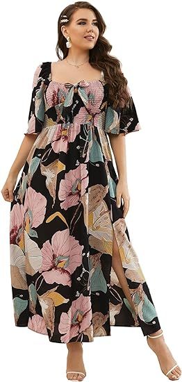 MakeMeChic Women's Plus Size Casual Floral Short Sleeve High Waist A Line Split Maxi Dress | Amazon (US)