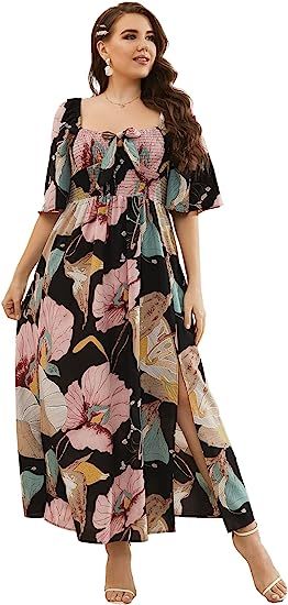 MakeMeChic Women's Plus Size Casual Floral Short Sleeve High Waist A Line Split Maxi Dress | Amazon (US)