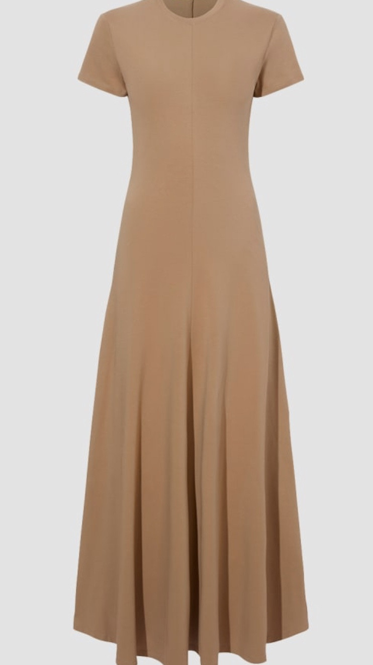 Proenza Schouler White Label
Noelle Short-Sleeve Jersey Maxi Dress KHAKI X-Small
paired with Versace platform sandals 