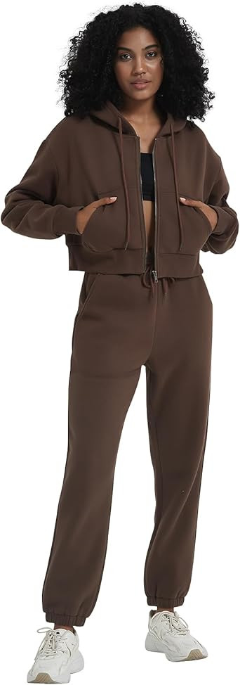 Rousytn Womens 2 Piece Fleece Sweatsuits Tracksuit Zip Up Hoodie Coat and Jogger Pants Workout Se... | Amazon (US)