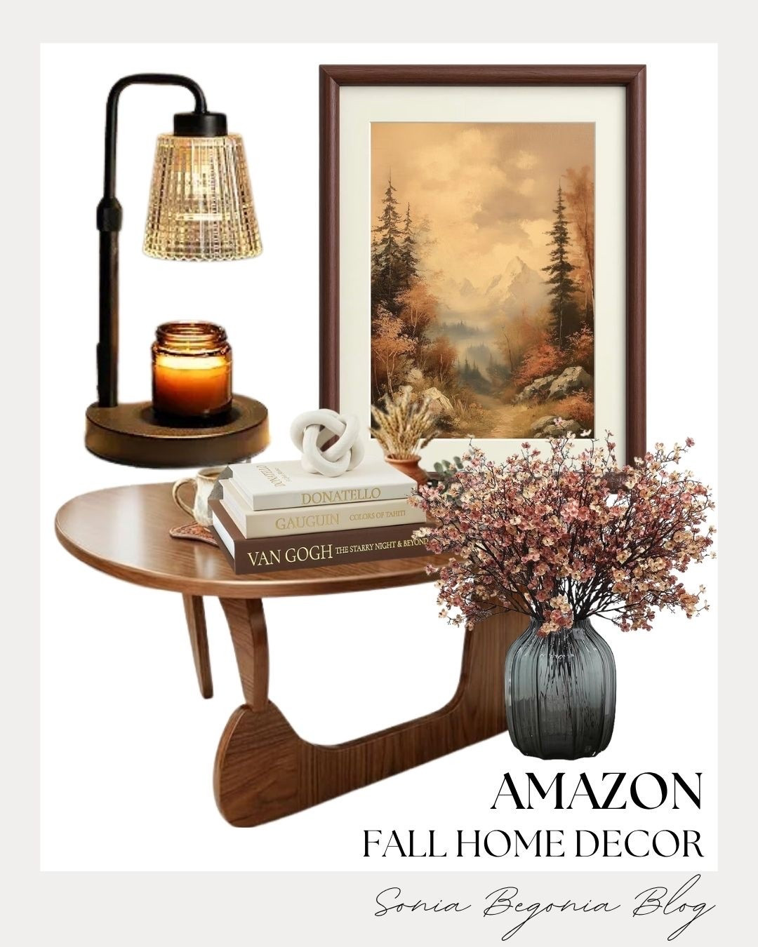 Bring cozy autumn vibes into your living room with these elevated home finds! 🍂

Warm wooden textures, vintage-inspired wall art, and ambient candle light instantly transform any space.
I styled this mid-century coffee table with stacked art books, a glass vase of fall florals, and a chic lamp candle warmer! ✨ 

#amazonhome #fallhomedecor #cozyvibes #neutralhome #homefinds #aestheticdecor #ltkhome #interiorinspo

#LTKSeasonal #LTKHome
