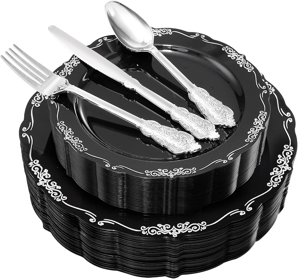 DaYammi 150pcs Black Silver Plastic Plates & Silver Plastic Silverware, Black and Silver Disposab... | Amazon (US)