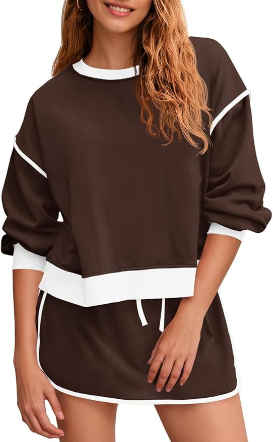 Fisoew Womens Sweatsuits 2 Piece Set Crewneck Sweatshirts High Waisted Skort Skirts Tennis Runnin... | Amazon (US)