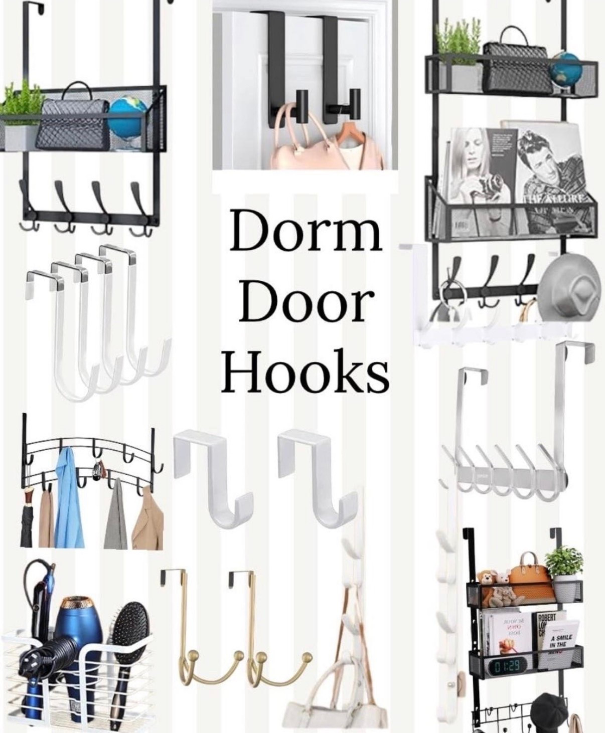 Dorm door hooks and over-the-door organizers that add extra storage without taking up floor space. Simple metal hooks, hanging storage racks with shelves, basket organizers, multi-hook hangers, and over-the-door storage systems that work well for towels, bags, jackets, hats, hair tools, keys, and everyday dorm essentials. Easy dorm organization solutions that help maximize storage in small dorm rooms and shared spaces.