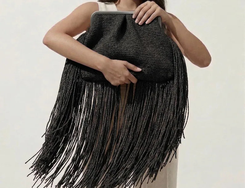 Oversized Fringe Raffia Bag, XL Raffia Clutch, Crochet Handbag for Wedding, Luxury Straw Purse - ... | Etsy (Global)