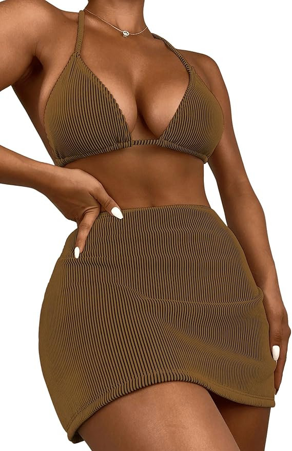 SweatyRocks Women's 3 Piece Zebra Striped Bikini Swimsuit Set & Beach Skirt Set Bathing Suit | Amazon (US)