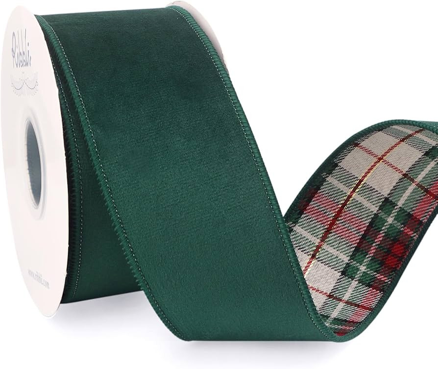 Ribbli Forest Green Velvet Wired Ribbon with Plaid Reversible 2.5 Inch Christmas Ribbon for Gift ... | Amazon (US)