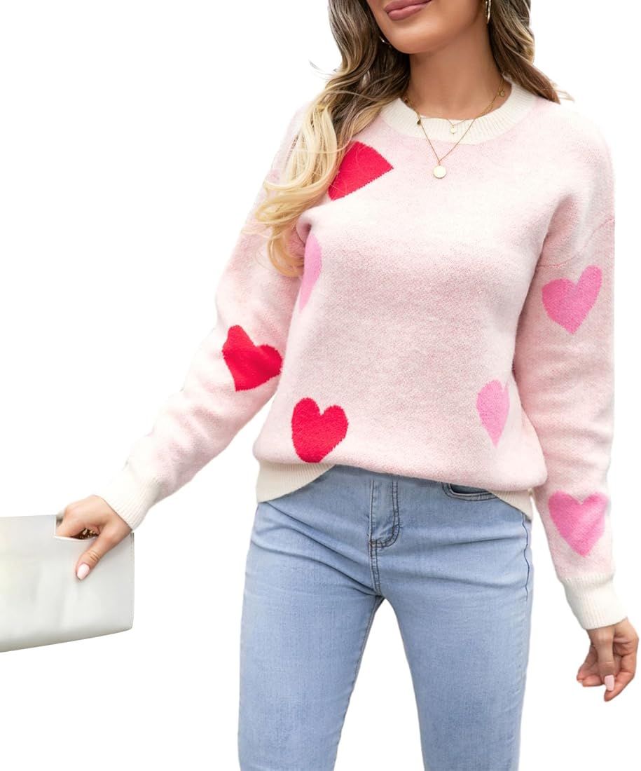 TRURENDI Women Loose Knit Sweater Pattern Valentine's Day Sweater Long Sleeve Pullovers Fall Wint... | Amazon (US)