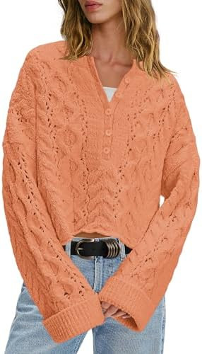 LAMISSCHE Cable Knit Sweater Women Cropped Sweaters Oversized Fall Sweaters Long Sleeve Half Butt... | Amazon (US)
