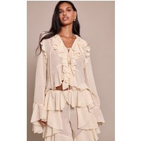 Cream Chiffon Frill Long Sleeve Shirt | PrettyLittleThing US
