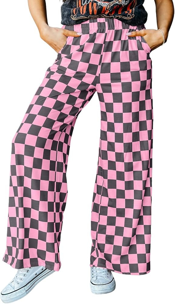 Acelitt Womens Casual Checkered Pants Elastic Waist Comfy Loose Wide Leg Pants with Pockets | Amazon (US)