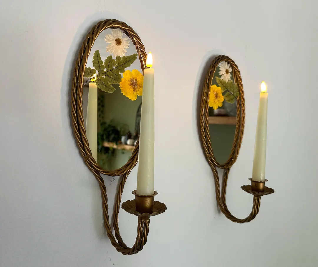 Pair of Vintage Gold Mirrored Candle Sconces with Handmade flower design, Wrought Iron | Etsy (US)
