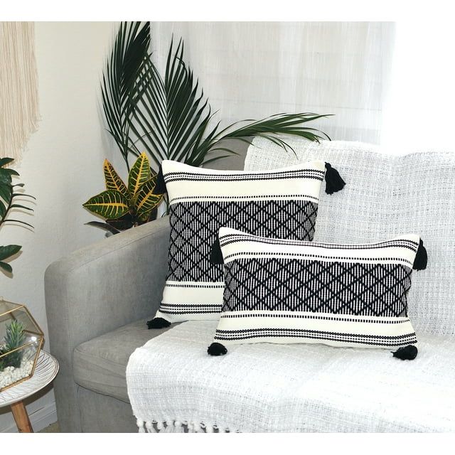 Decorative Lumbar Pillow Covers with Tassels, 12x20 Inches, Black and White (Set of 2) Checkered ... | Walmart (US)
