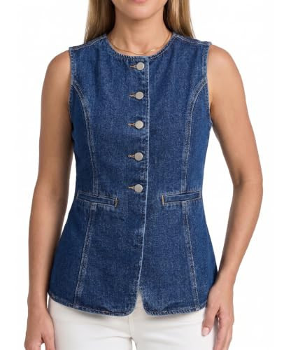 ETIBUX Denim Vest for Women Sleeveless Jean Vest Top Fitted Crewneck Button Down Casual Summer Trendy Waistcoat | Amazon (US)