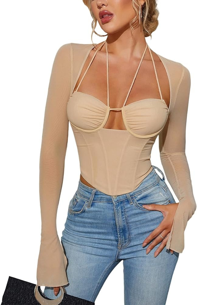 HTZMO Women's Long Sleeve Cut Out Bustier Halter Tie Up Blouse Sheer Mesh Sexy Corset Crop Top | Amazon (US)