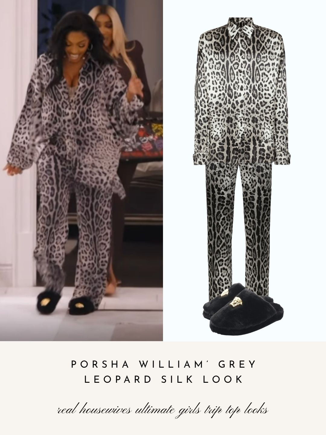 Porsha Williams' Grey Silk Leopard Pajama Look on Real Housewives Ultimate Girls Trip: Roaring 20's 

 