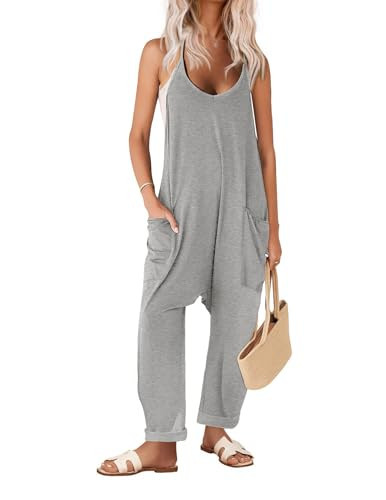 Ekouaer Womens Stretchy Jumpsuits Spaghetti Strap Rompers Jumpsuit Baggy Summer Outfit Grey L | Amazon (US)