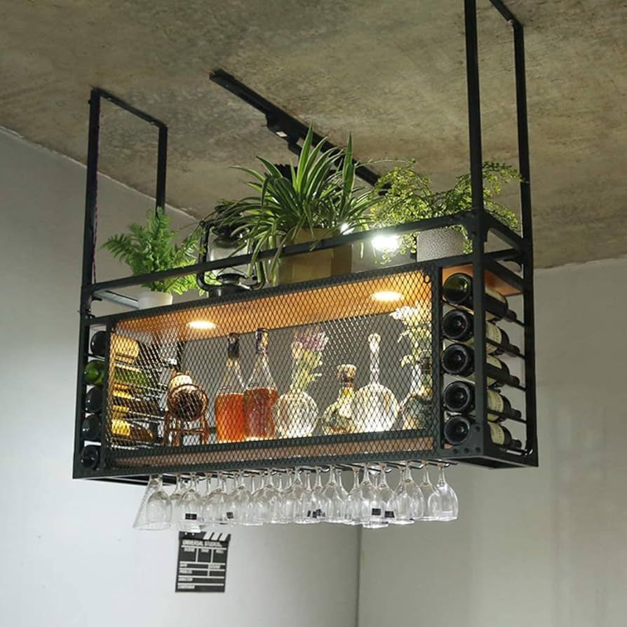 Ceiling Wine Rack,Glasses Stemware Hanger Shelf,Wine Glass Rack/Hanging Bottle Holder,Kitchenskit... | Amazon (US)