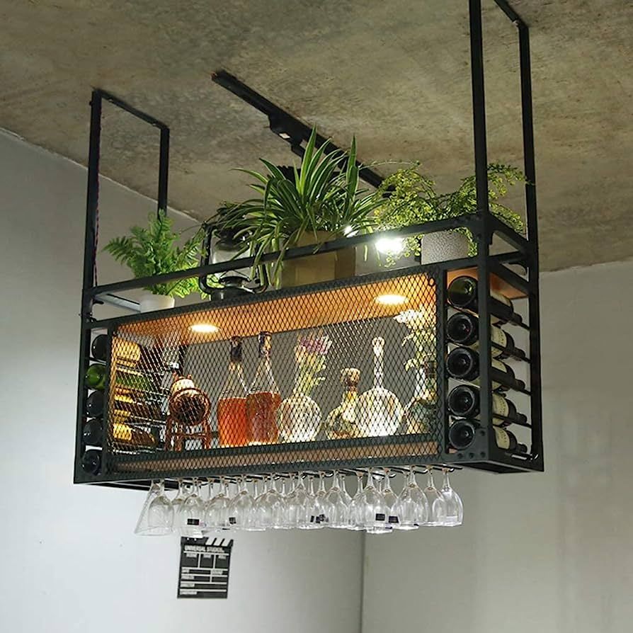Ceiling Wine Rack,Glasses Stemware Hanger Shelf,Wine Glass Rack/Hanging Bottle Holder,Kitchenskit... | Amazon (US)