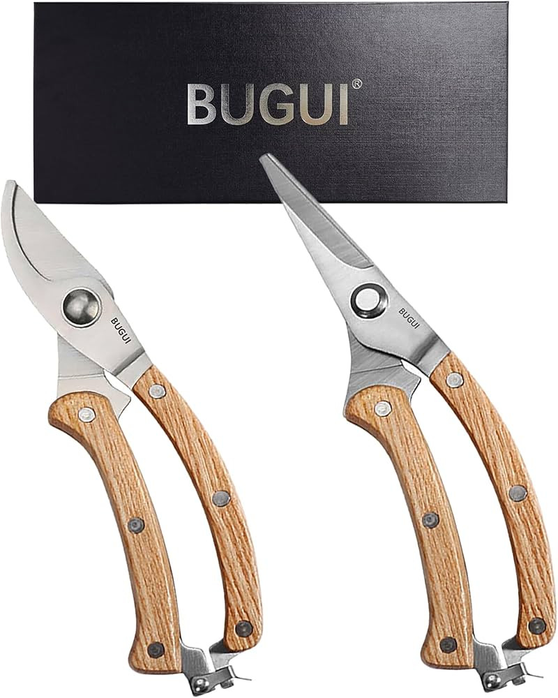 BUGUI 8” Wood Handle Garden Scissors, Set of 2, Includes Bypass Pruning Shears and Long Straigh... | Amazon (US)