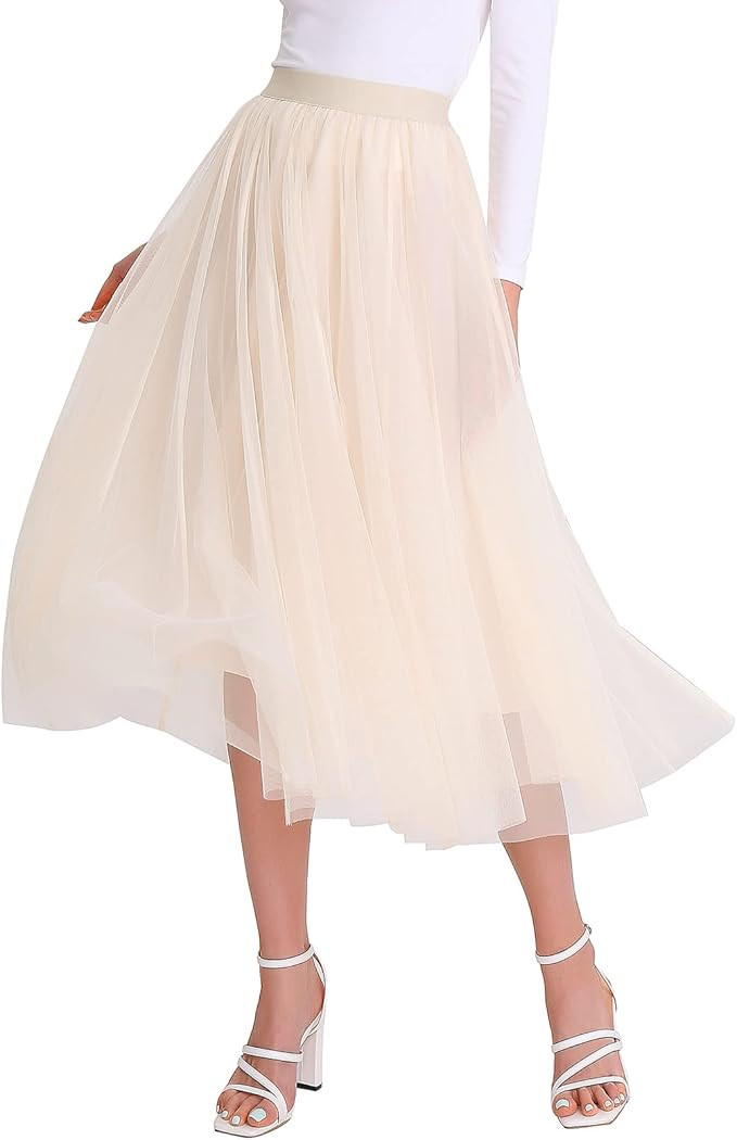 Women’s Tulle Skirts Midi Elastic High Waist Pleated Mesh Flowy A-Line Party Long Tutu Skirts... | Amazon (US)