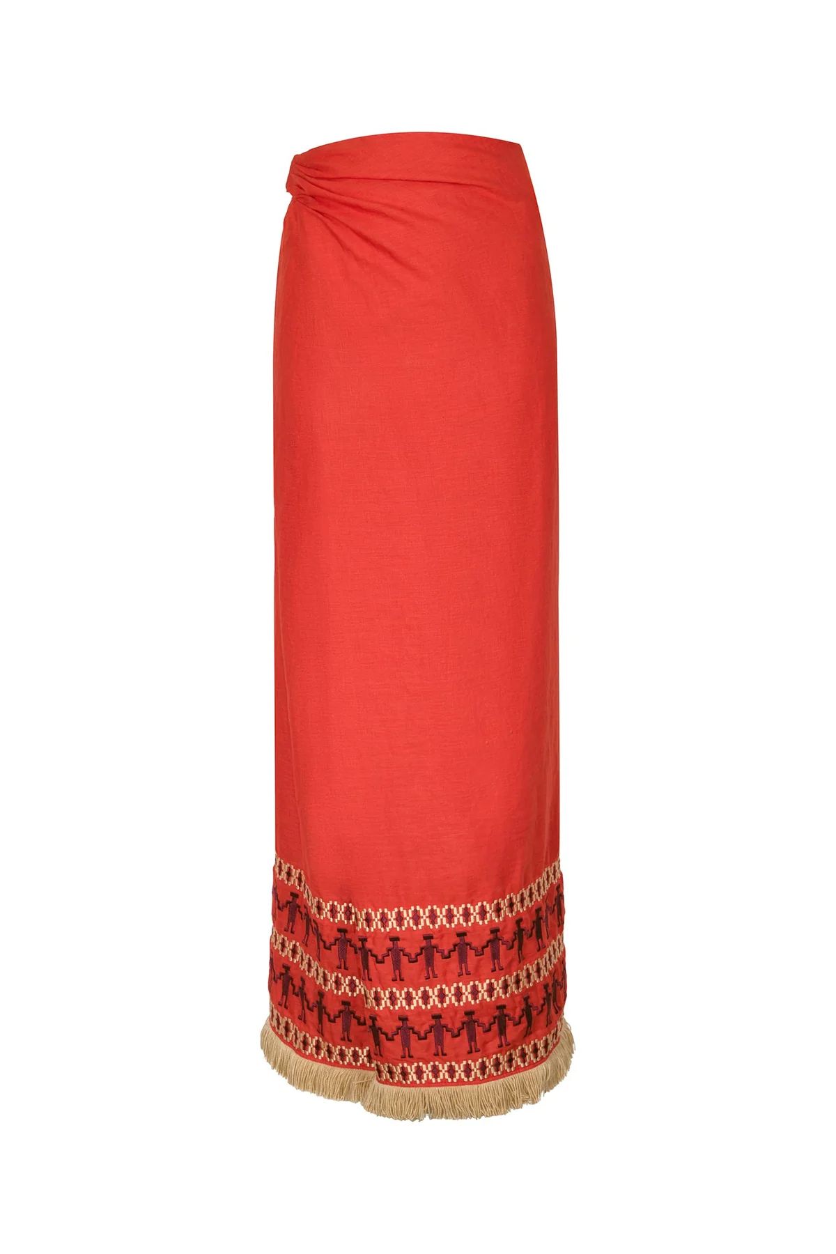 Guainia Linen Midi Skirt in Red Embroidered | Over The Moon