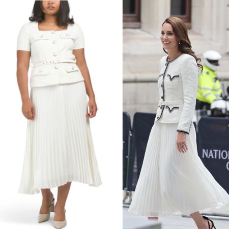 Kate Middleton style
Chiffon pleated skirt and tweed top 

#LTKfindsunder100 #LTKworkwear #LTKstyletip