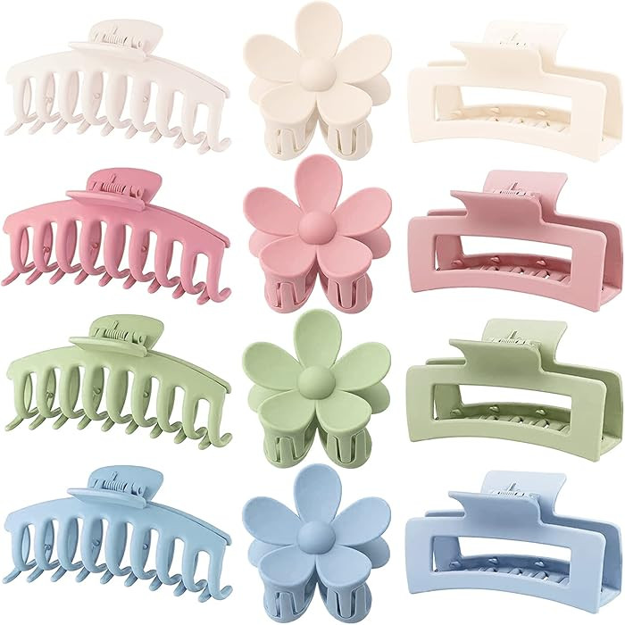 Large Hair Claw Clips 12 Pack, Flower Hair Clips for Thin Hair, Big Square Matte Strong hold for ... | Amazon (US)