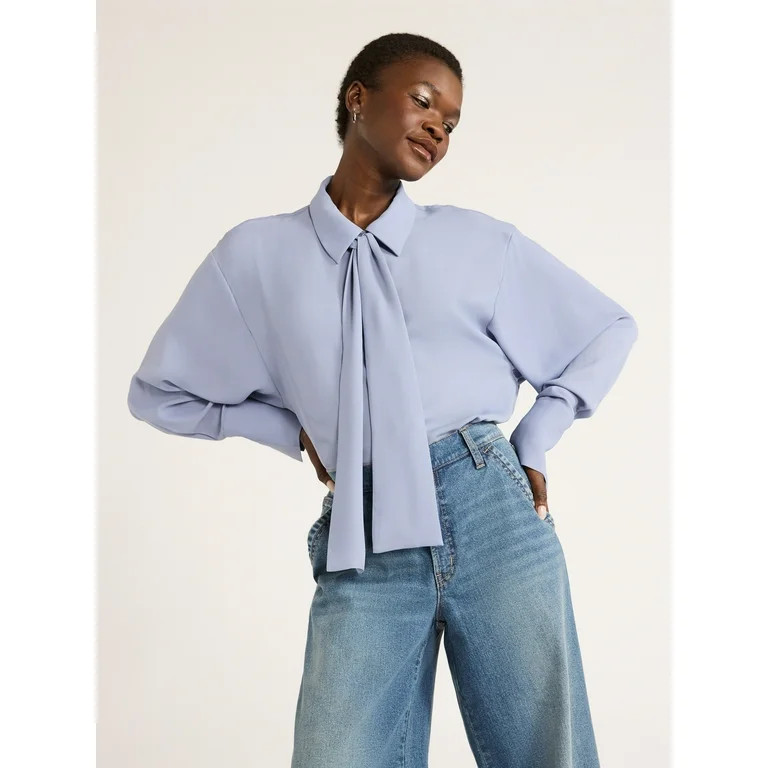 Scoop Women's Tie Neck Shirt with Long Sleeves, Sizes XS-XXL - Walmart.com | Walmart (US)