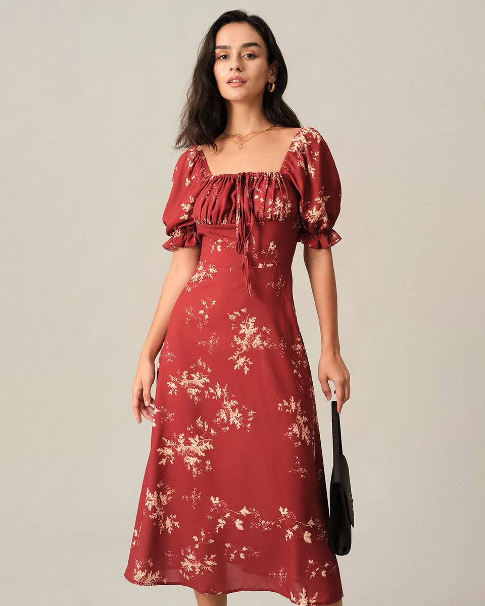 The Drawstring Floral Midi Dress - Brick Red Formal, Bridesmaid, Square Neck Dress - Brick Red - ... | rihoas.com