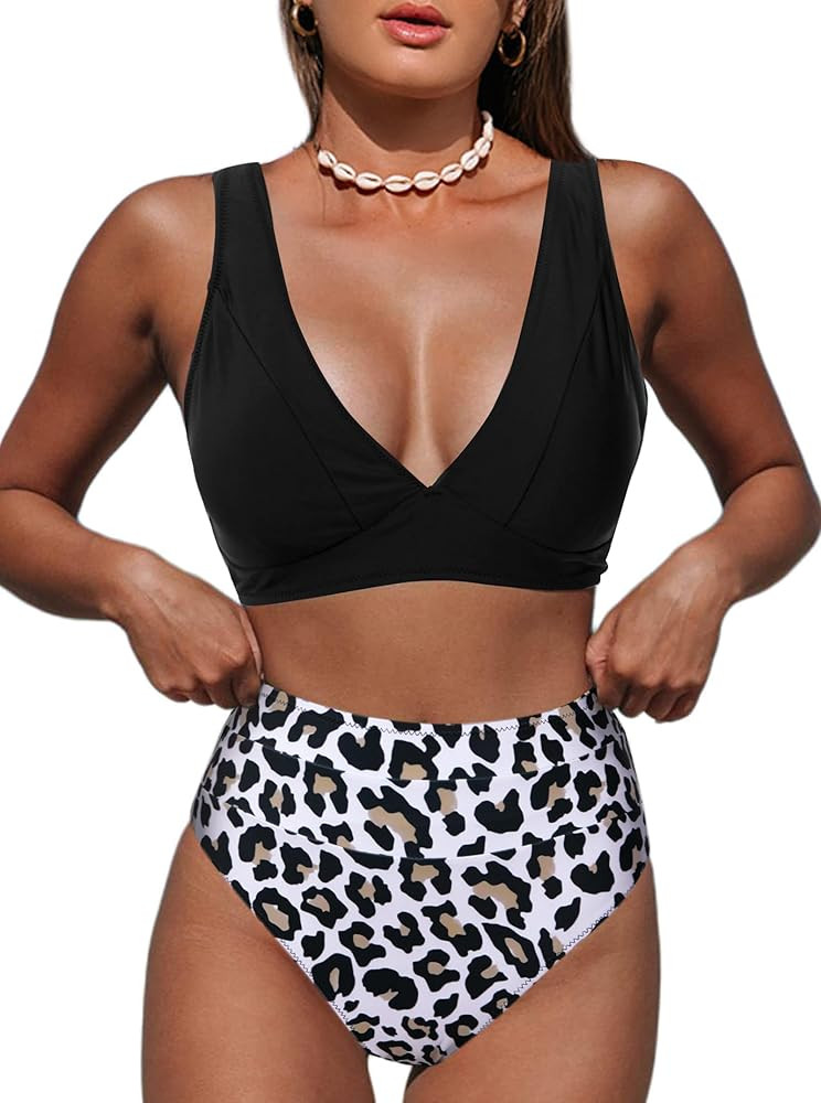 Hilinker Women's Leopard Bikini Swimsuits V Neck High Waisted 2 Piece Bathing Suits | Amazon (US)