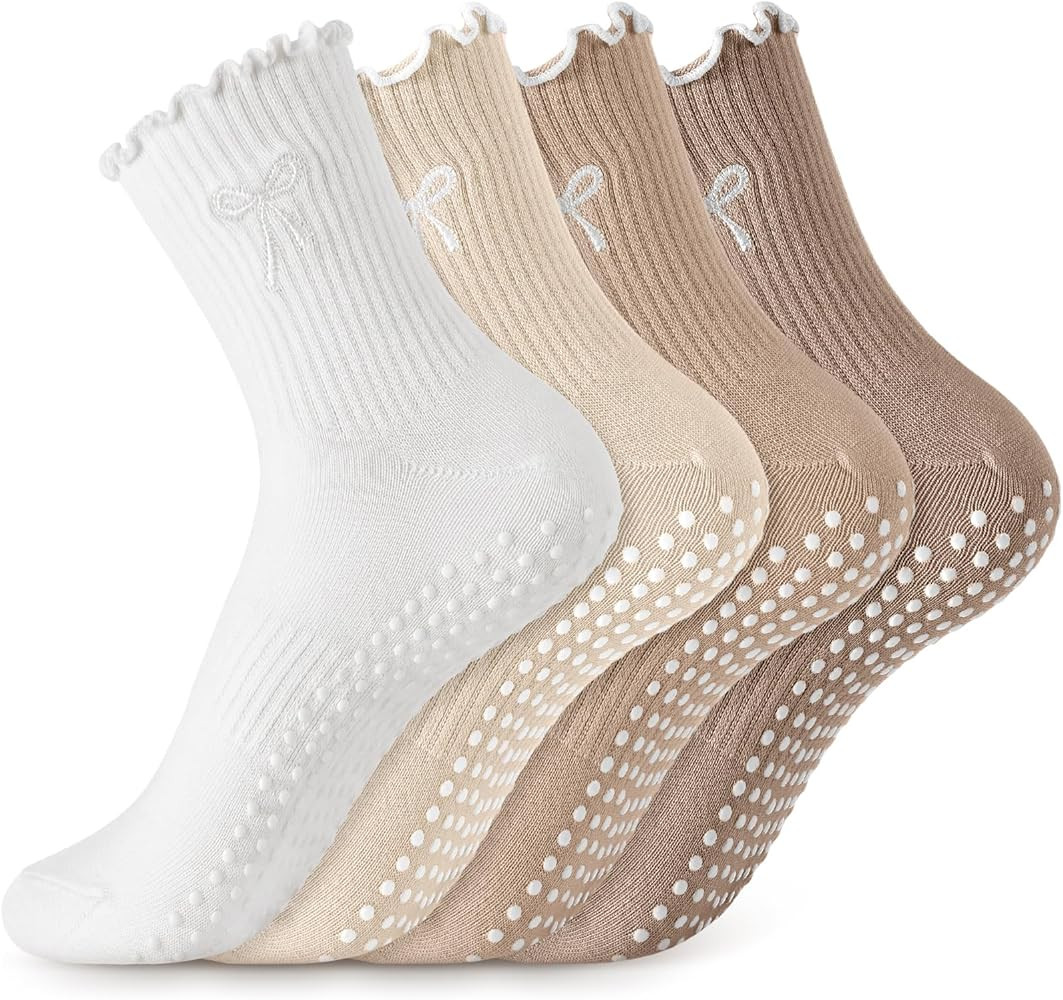 Jeyiour 4 Pairs Cute Pilates Grip Socks for Women, Ruffle Non Slip Crew Grippy Yoga Socks with Bo... | Amazon (US)