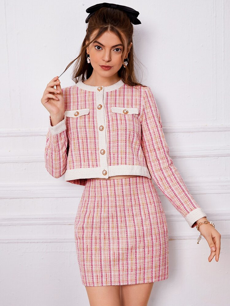 SHEIN Plaid Tweed Contrast Trim Jacket & Skirt | SHEIN
