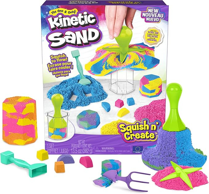 Kinetic Sand, Squish N’ Create Playset, with 13.5oz of Blue, Yellow & Pink Play Sand, 5 Tools, ... | Amazon (US)