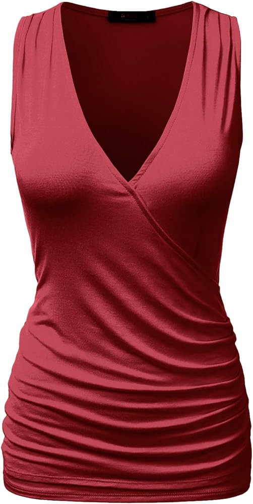 DOUBLJU Tank Tops For Women Cami Deep V Neck Sleeveless Satin Ruched Hem Tops Casual Basic Wrap T... | Amazon (US)