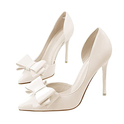 Womens Bow Heels Closed Pointed Toe Dress Shoes Stiletto Slip on Wedding Pumps White | Amazon (US)