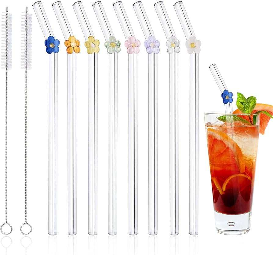 8Pcs Glass Straws with Charms, Reusable Clear Drinking Straws with Flower, Cute Colorful Glass St... | Amazon (US)