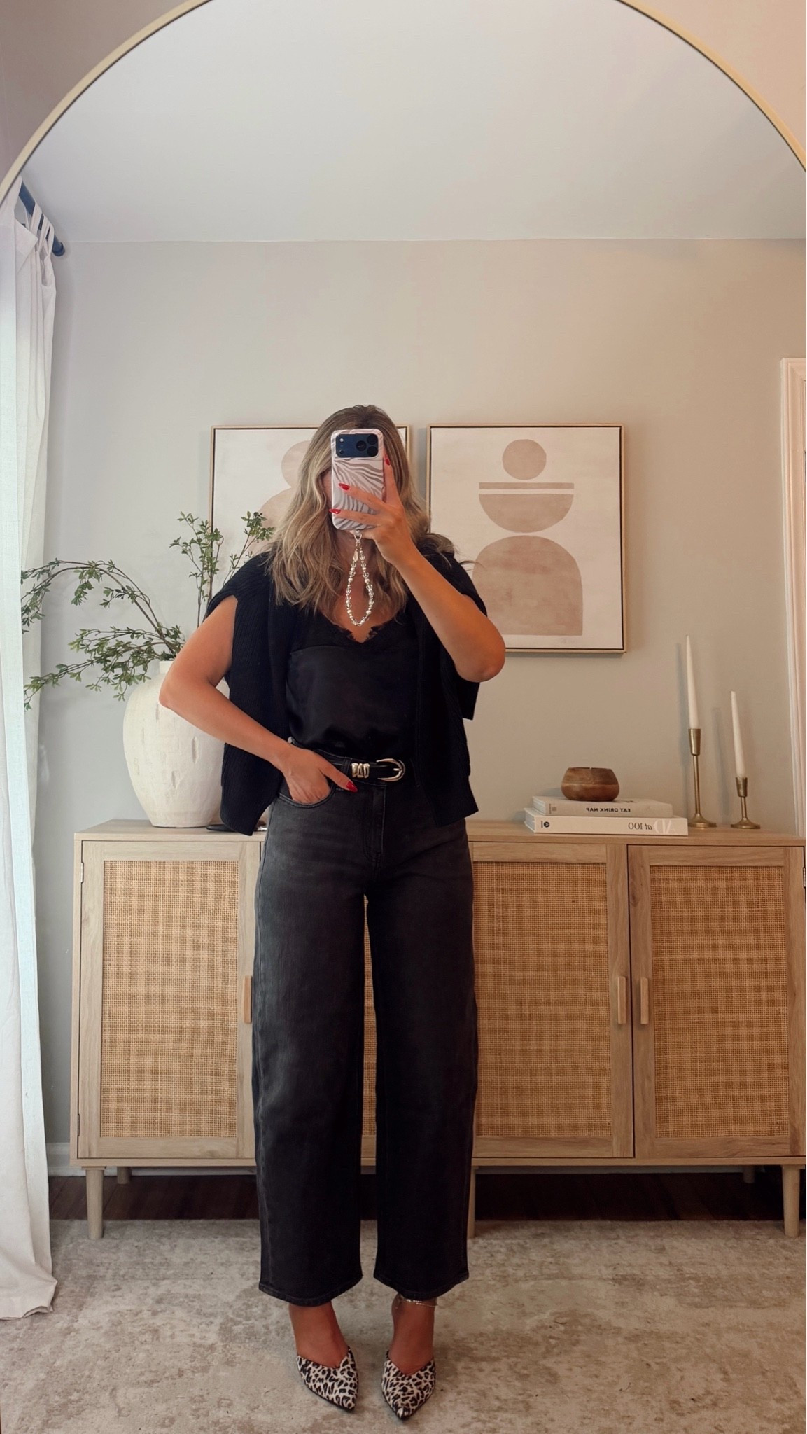 an all black outfit + a fun heel 🐆 size S in the cardigan + cami, size 28 denim (could have done a 27) quince, fall outfits @Quince

#LTKootd