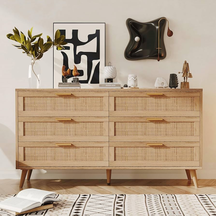 Rovaurx 6 Drawer Double Dresser for Bedroom, Rattan Chest of Dressers, Modern Wooden Dresser Ches... | Amazon (US)