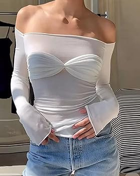 Women Y2k Off Shoulder Long Sleeve Tees Slim Fit Stretchy Top Solid Color Backless Tshirt Fashion... | Amazon (US)