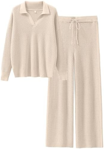 ANRABESS Women Two Piece Outfits Sweater Sets Lounge Waffle Knit Pullover Matching Wide Leg Pants... | Amazon (US)